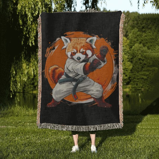 Red panda karate fighting style Woven Blankets