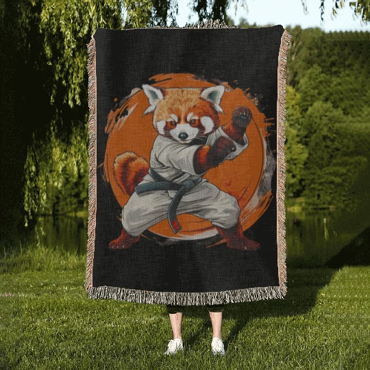Red panda karate fighting style Woven Blankets