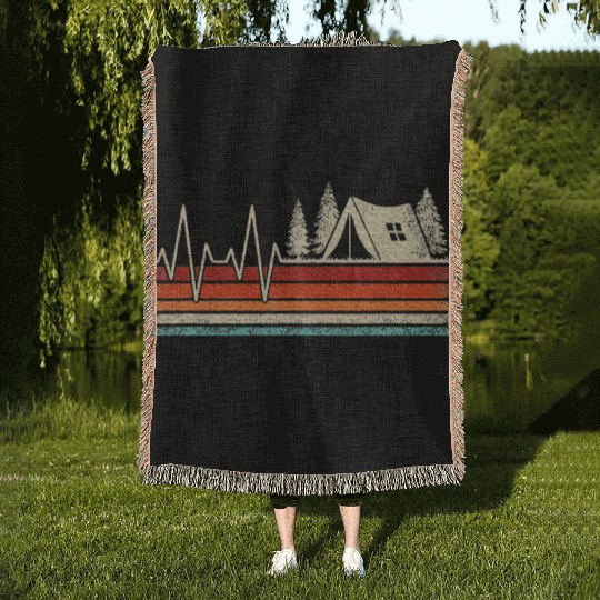 Camping Heartbeat Outdoor Nature Camper Hiking Woven Blankets