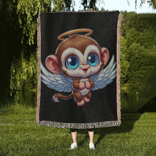 Monkey chimpanzee angel cartoon Woven Blankets
