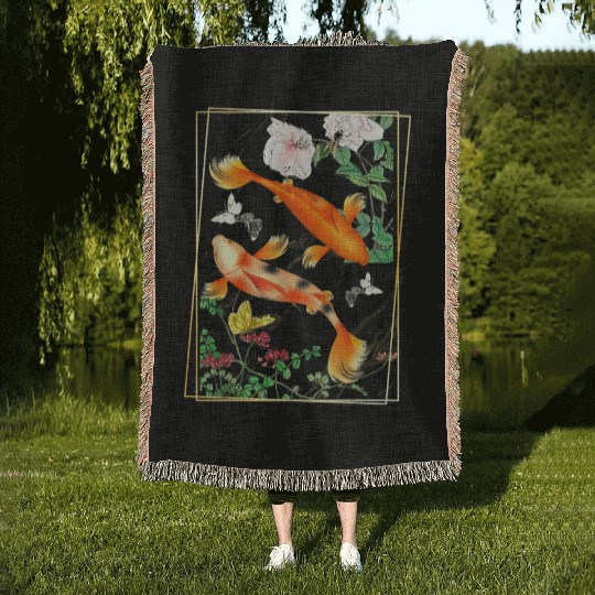Japanese Koi Carp Nishikigoi Fish Cherry Blosso Woven Blankets