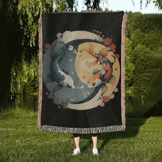 Japanese Koi Fish Yin Yang Woven Blankets