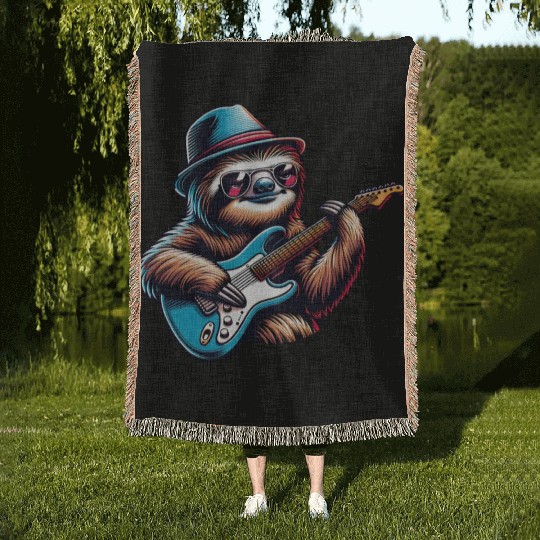 Cool Sloth E-Guitar Player Design Woven Blankets