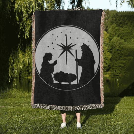 Nativity Scene Silhouette Christmas Market Vendor Woven Blankets