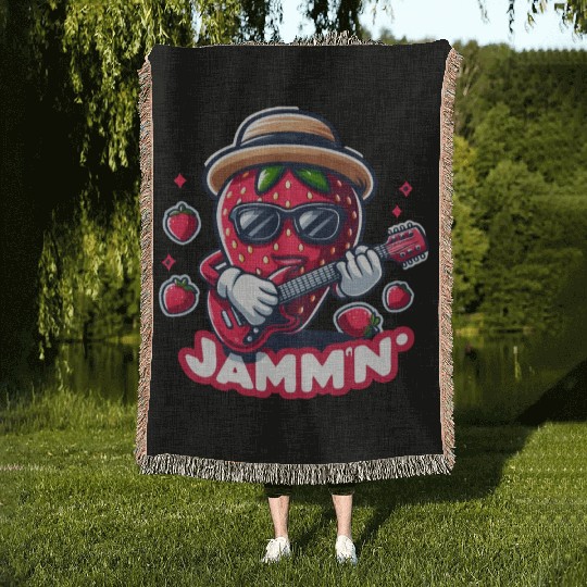 Jammin Strawberry Jam Playing a Guitar Rock n Roll Woven Blankets