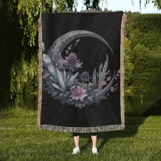 Crescent moon in silver, with crystals and flowers Woven Blankets