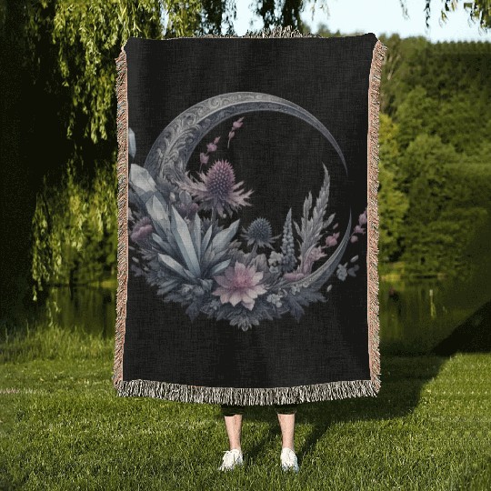 Crescent moon in silver, with crystals and flowers Woven Blankets