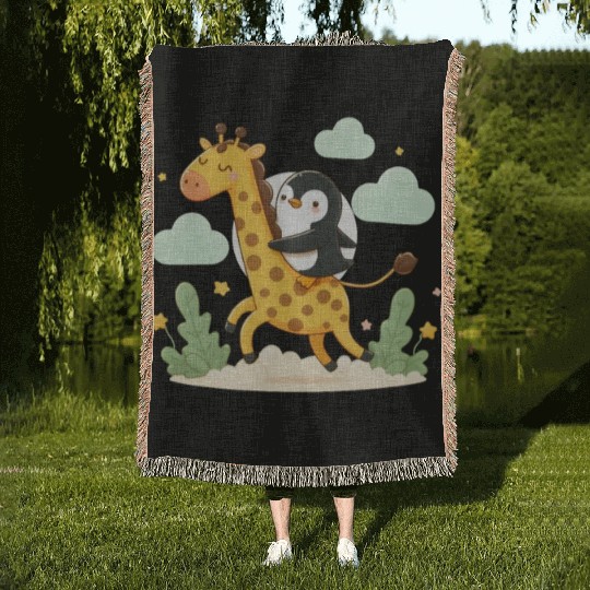 Penguin rides giraffe Woven Blankets
