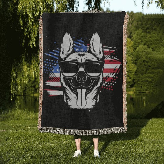 US Flag Belgian Malinois Wearing Sunglasses Woven Blankets