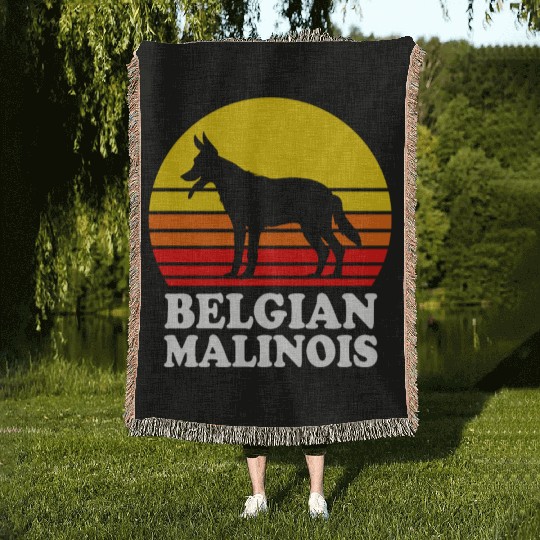 Retro Sunset Dog Silhouette Belgian Malinois Dog Woven Blankets