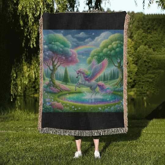 Enchanted Rainbow Unicorn Over Sparkling Pond Woven Blankets