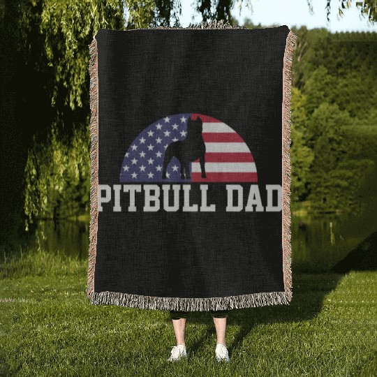Pitbull Dad Embracing USA Flag Merica Pride Art Woven Blankets