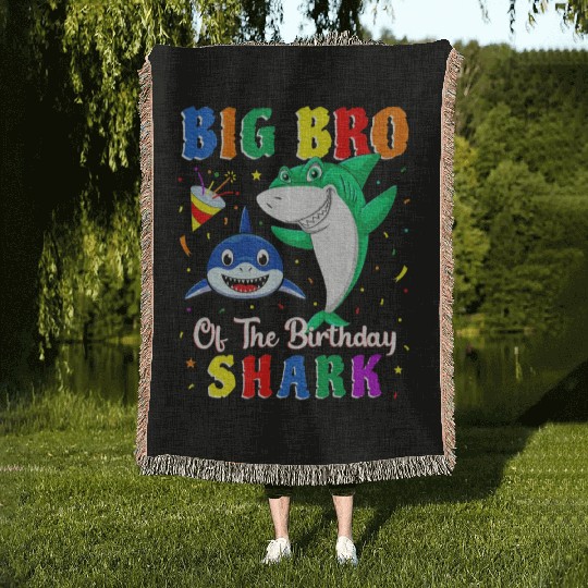 Big Bro Of The Shark Birthday Family Birthday Woven Blankets