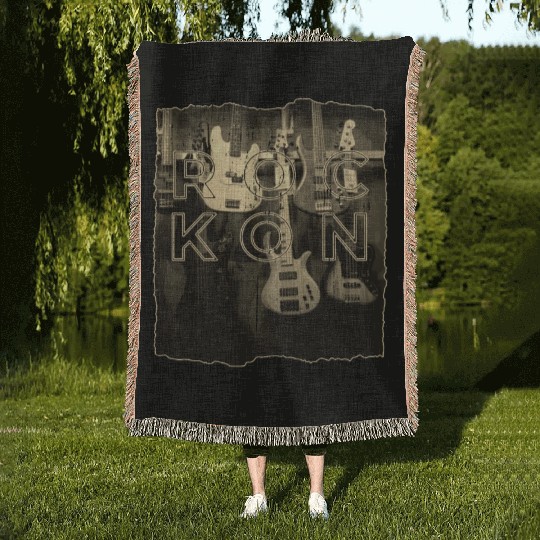 Rock On Bass Guitar Antique Music Store Design Woven Blankets