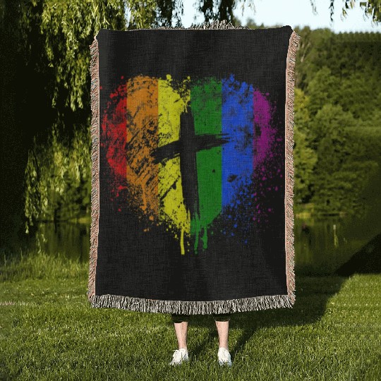 Rainbow Heart with Cross Gay Pride LGBT Christian Woven Blankets