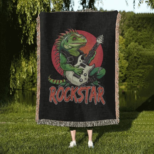 Rockstar Reptile Musician with Electric Guitar Woven Blankets