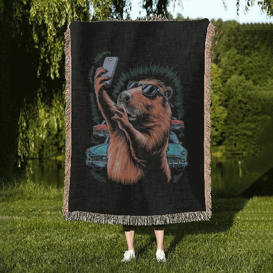 Capybara Selfie Classic Funny Weird Woven Blankets