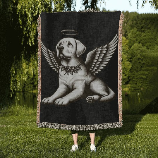 Labrador angel wings black white halo Woven Blankets