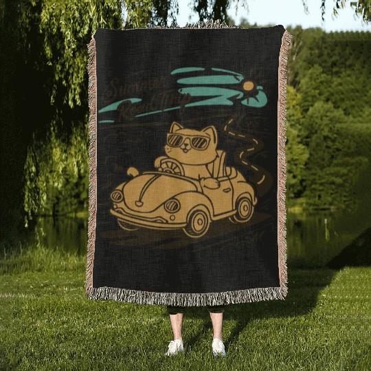 Summer Road Trip Vacation Cat lover Gift Woven Blankets