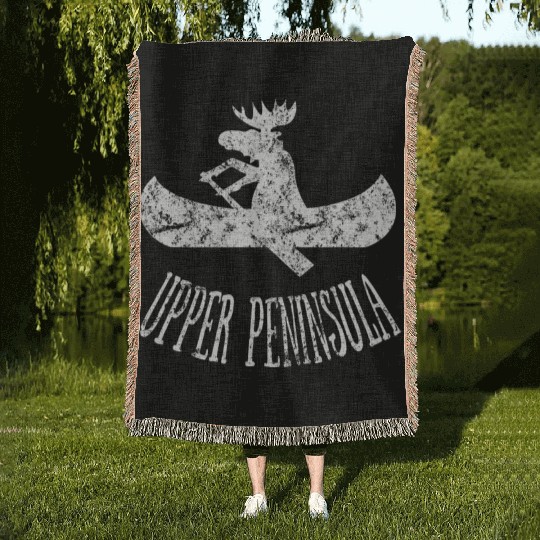 Yooper Moose Upper Peninsula Moose Canoe Woven Blankets