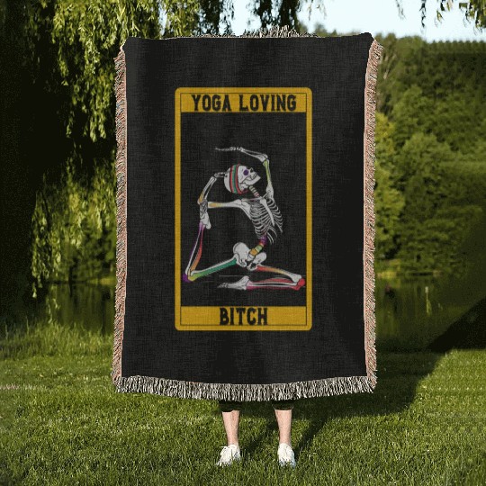 Funny Tarot Card Design Yoga Loving Skeleton Woven Blankets