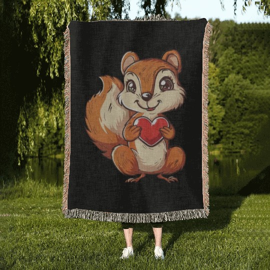 Adorable Squirrel with Red Heart Illustration Woven Blankets