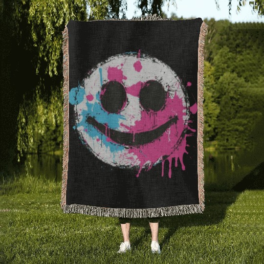 Graffiti Smiley Face - Urban Street Art Woven Blankets
