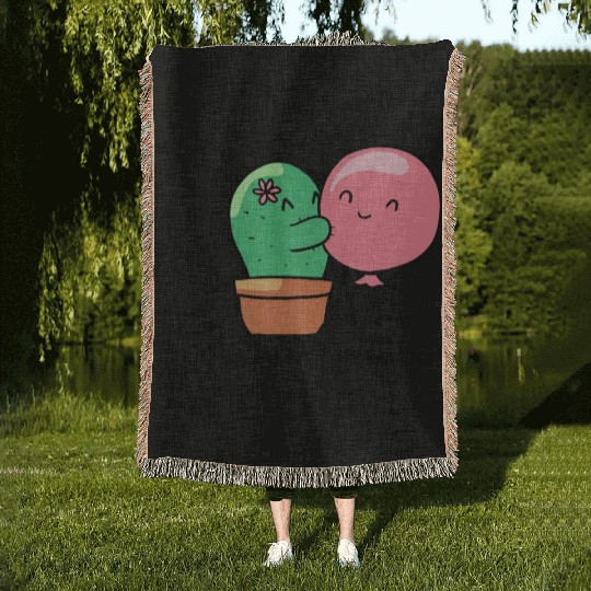 Sweet little cactus hugging a balloon Woven Blankets