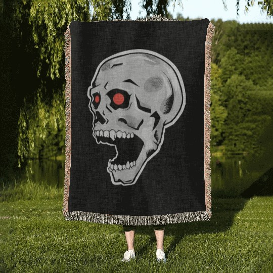 the silver skull looks up Woven Blankets