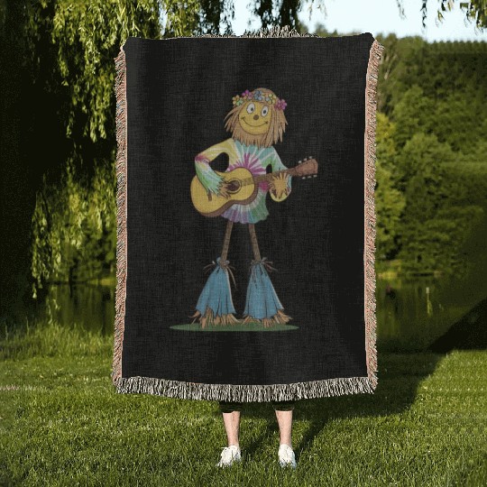 Hippie Scarecrow Playing Guitar Woven Blankets