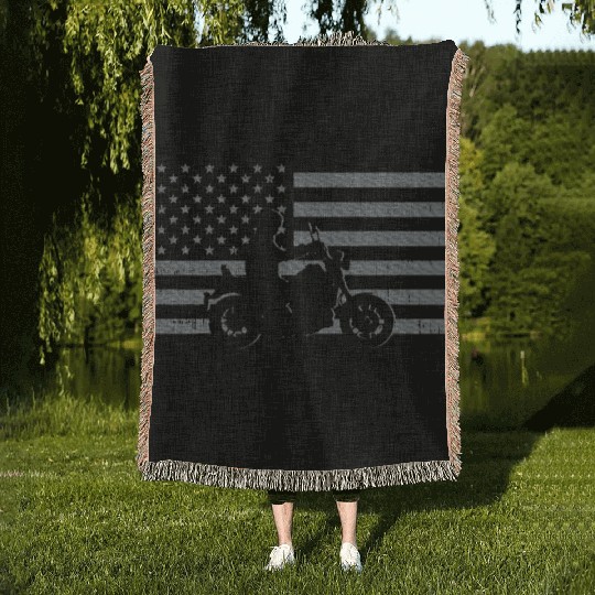 Motorcycle US Flag Biker Motorbike Teen Youth Woven Blankets