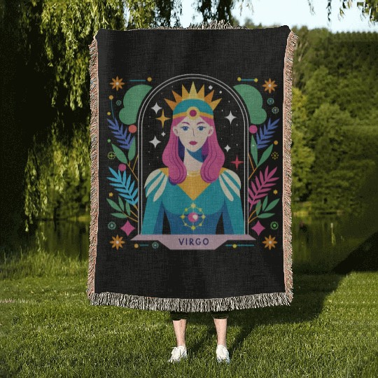 Floral Virgo Tarot Zodiac Graphic Woven Blankets