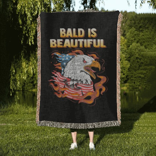 Bald Is Beautiful US Flag Eagle 4th Of July Funny Woven Blankets