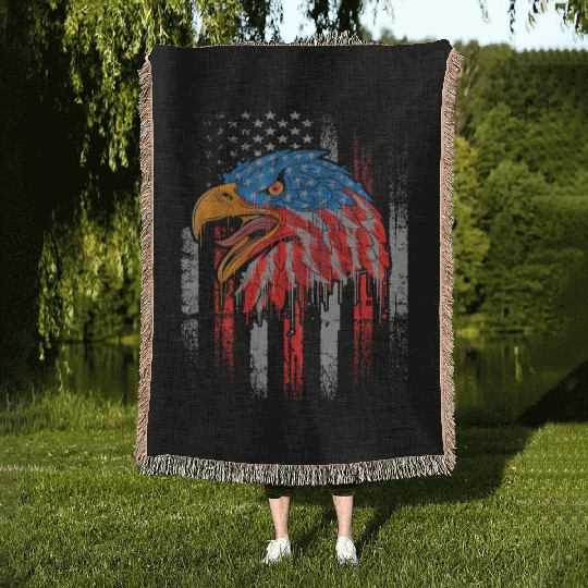 Retro US Flag Funny 4th July Bald Eagle Patriotic Woven Blankets