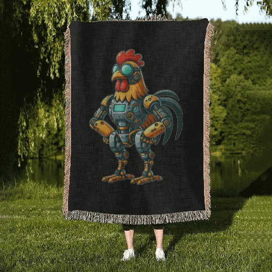Robot chicken rooster hen cyborg mechanical design Woven Blankets