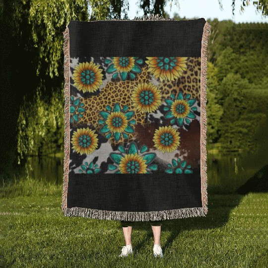 Turquoise Gemstone Sunflowers Leopard Cowhide Woven Blankets