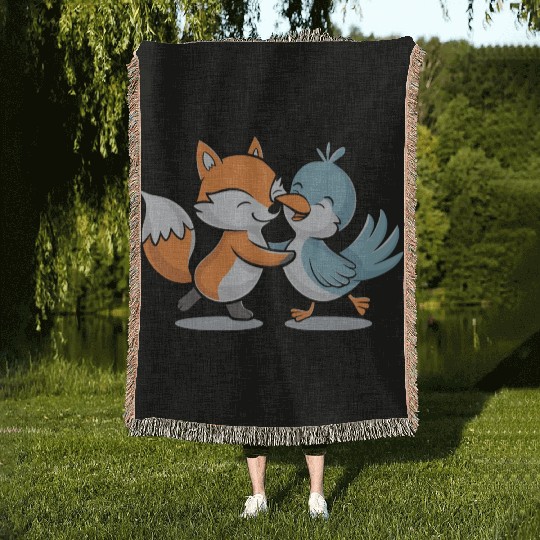 Cute Fox and Bird Friends Woven Blankets