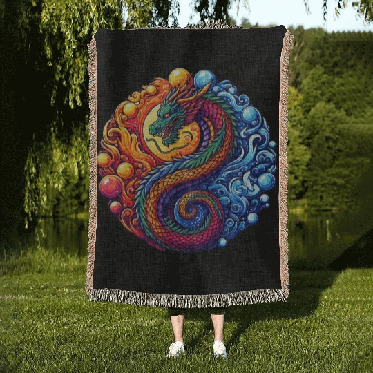 Vibrant Yin Yang Dragon Woven Blankets