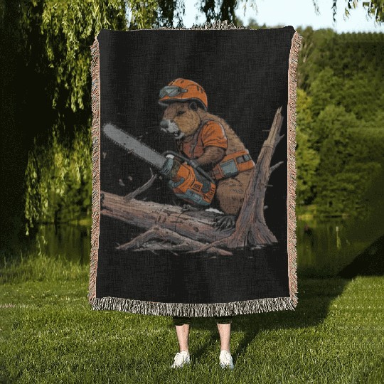 Beaver Lumberjack Chainsaw Woven Blankets