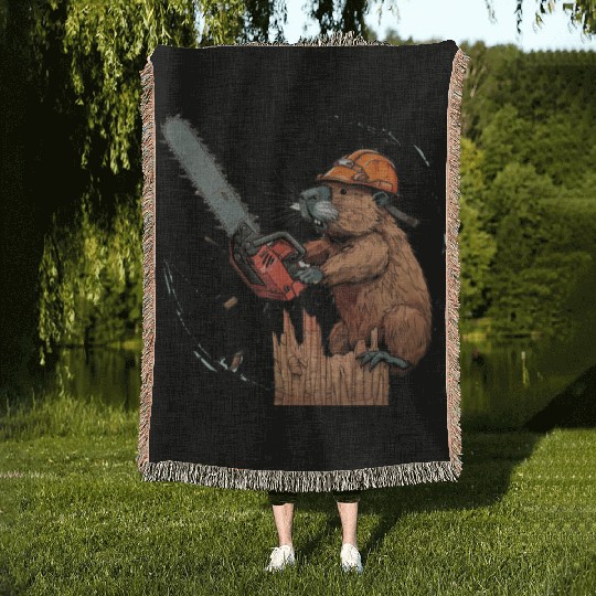 Beaver Lumberjack Chainsaw Woven Blankets