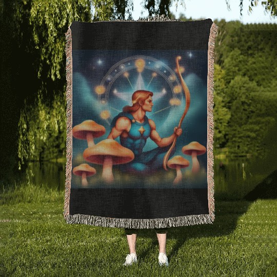 Sagittarius zodiac sign with mushrooms Woven Blankets