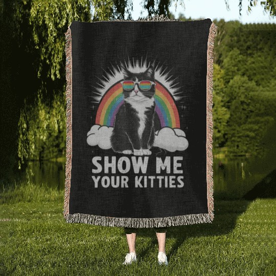 Show Me Your Kitties Funny Lesbian Gay Pride LGBT Woven Blankets