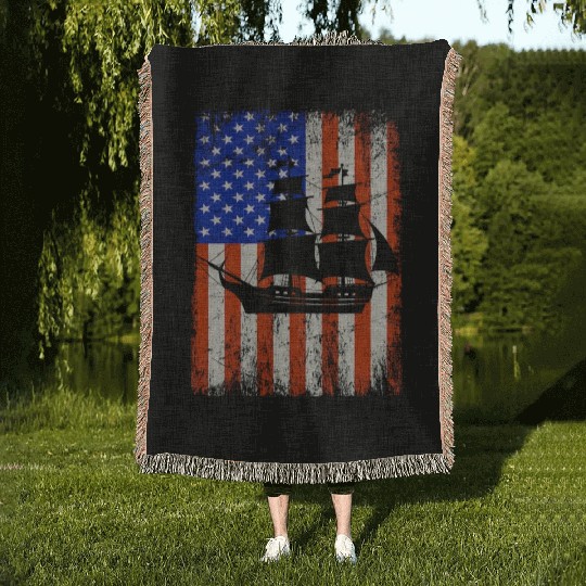 Stars, Stripes & Pirate Ship American Flag Woven Blankets