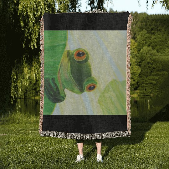 Cute Green Frog Peeping out From Behind Lily Pad Woven Blankets
