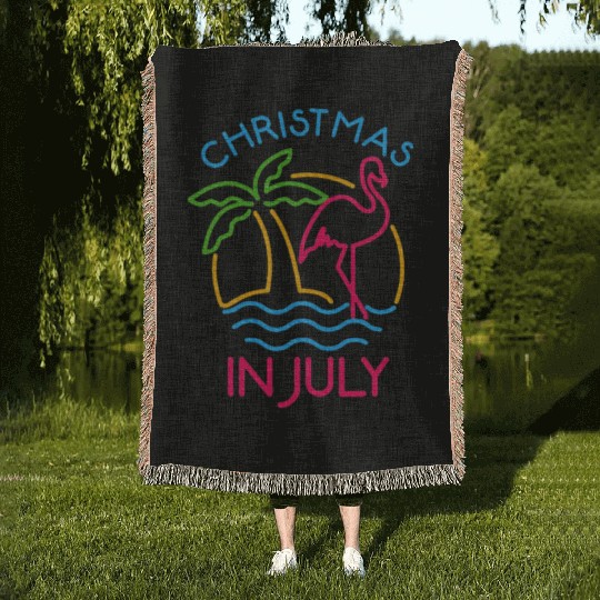 Christmas In July Pink Flamingo Woven Blankets