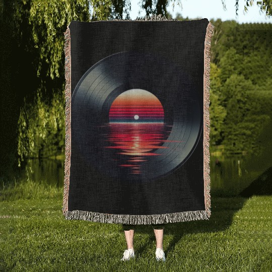 Vinyl LP Music Record, Retro Sunset Woven Blankets