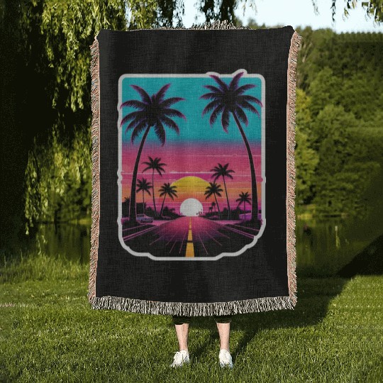 Lonely Road to Miami Sunset Vaporwave 80s Woven Blankets