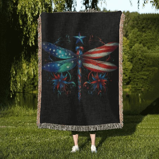 American Flag Dragonfly Patriotic 4th of July Woven Blankets