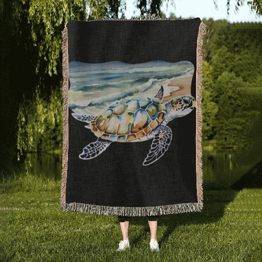 Sea Turtle at the Beach in Watercolor Woven Blankets