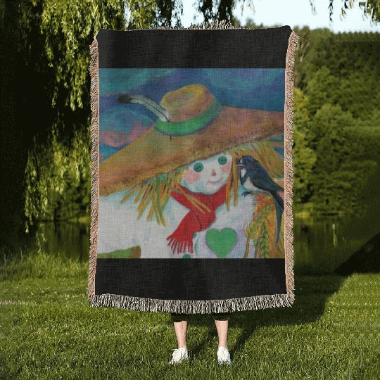 Cute Scarecrow And Barn Swallow Illustration Woven Blankets
